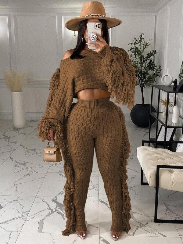 Casual Knitted Long Sleeve Tassel Two Pieces Set