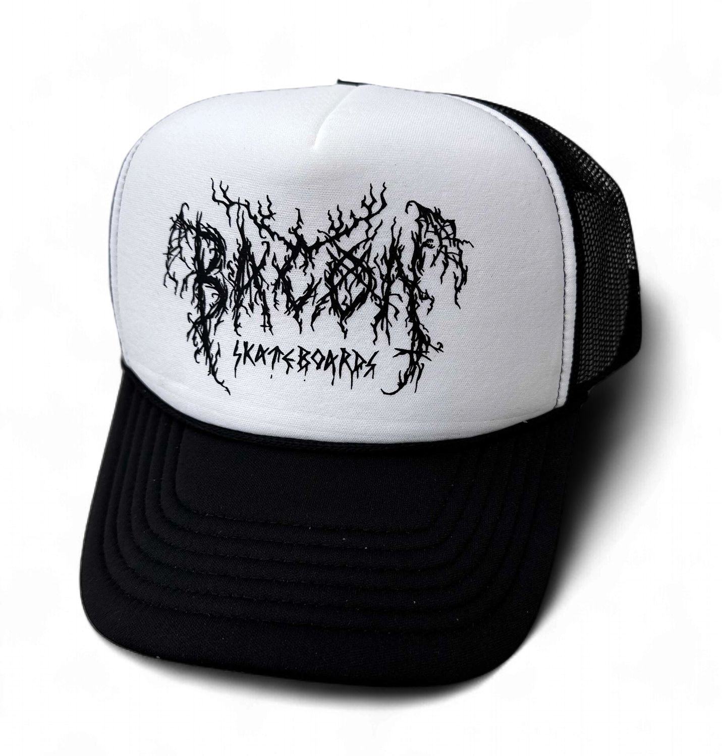 Bacon Mesh Trucker Metal Hat, Style: Black Ink on White Front
