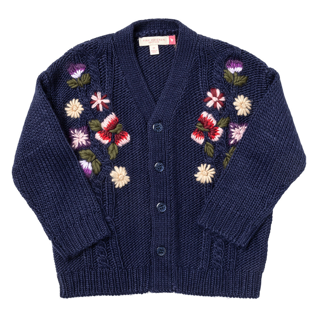 Grandpa Sweater Navy Floral Embroidery , Size: 4