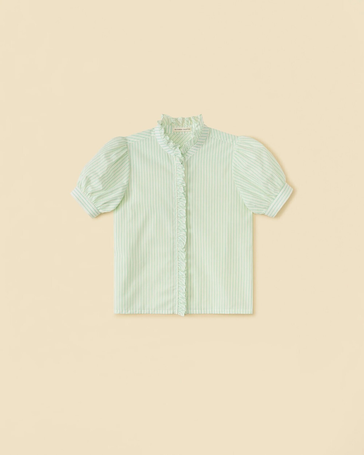 Short Sleeve Ruffle Blouse Mint Stripe