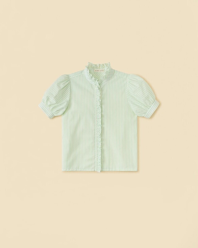 Short Sleeve Ruffle Blouse Mint Stripe