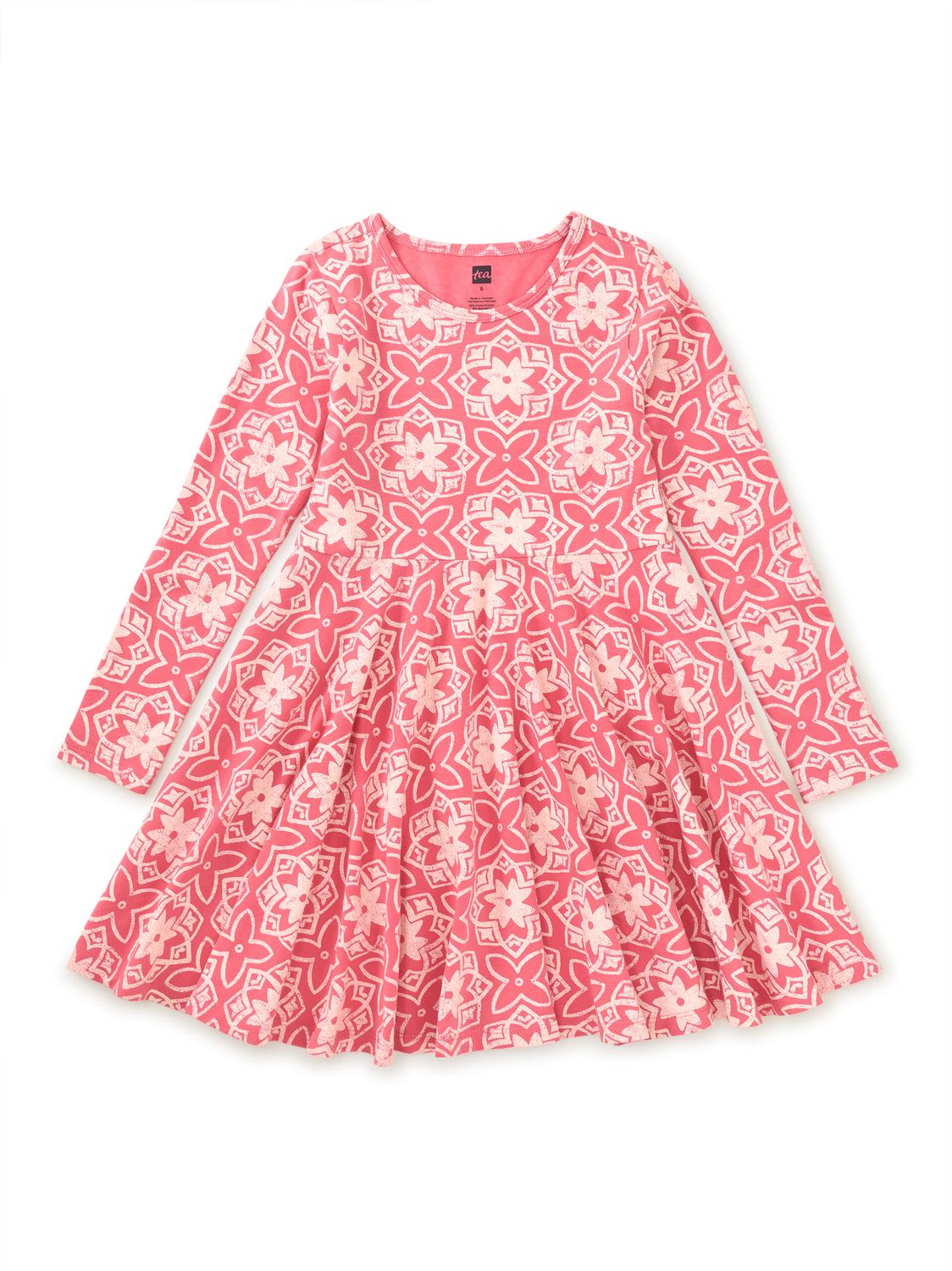 Long Sleeve Twirl Dress Geometric Floral Tile
