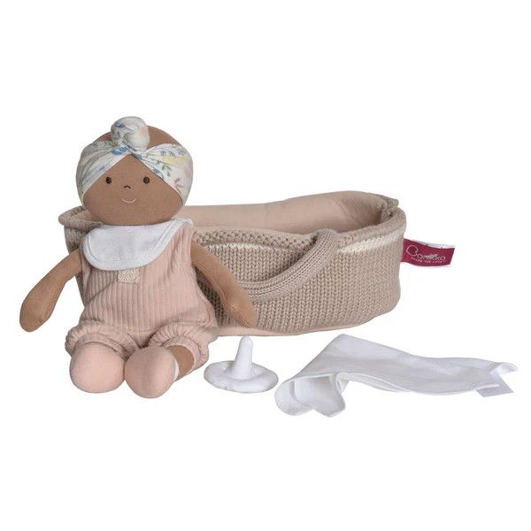 Knitted Carry Cot with Rheya Baby Dark Skin, Soother &amp; Blanket