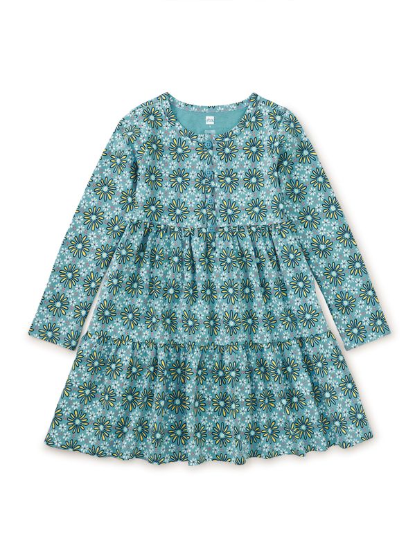 Long Sleeve Tiered Henley Dress Painted Iznik Tile Floral