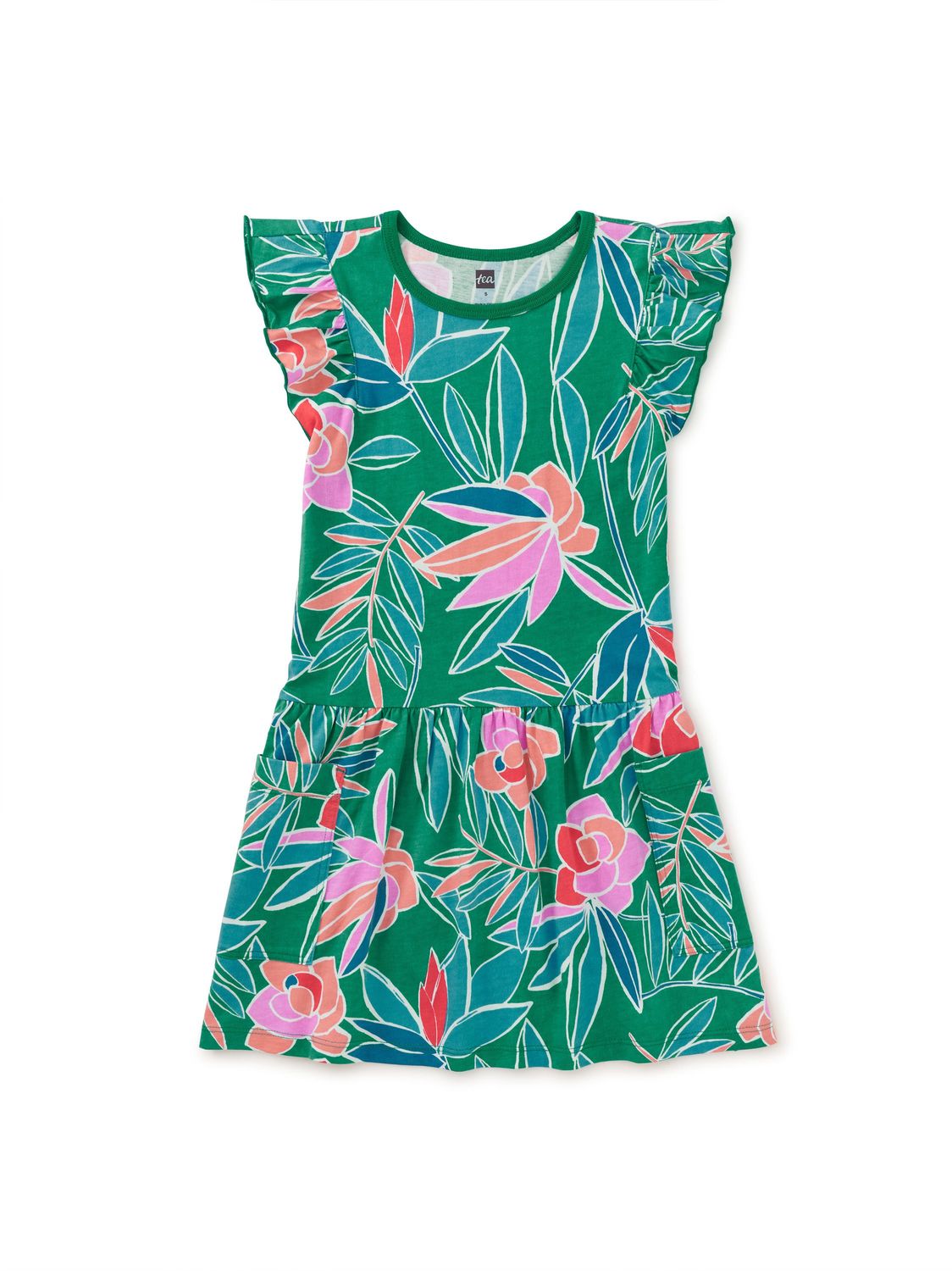 Flutter Sleeve Pocket Dress Tropical Gardenias