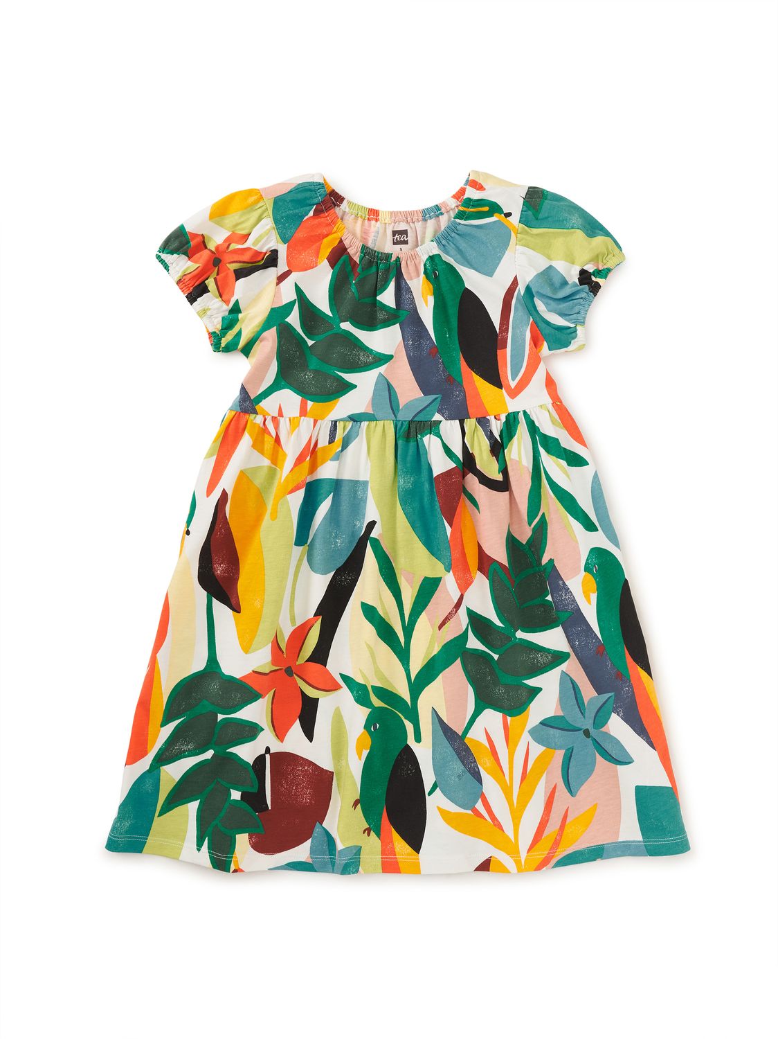 Puff Sleeve Empire Dress Parakeet Tropicalia