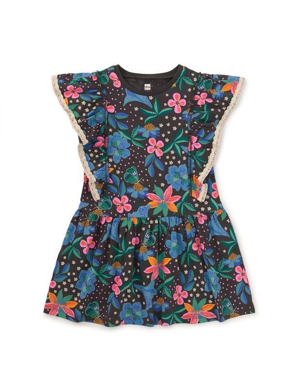 Crochet Trim Ruffle Dress Brazilian Painted Floral