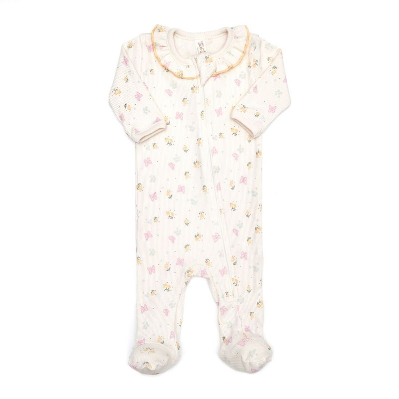 Ruffle Double Way Zip Footie Natural Butterflies &amp; Flowers