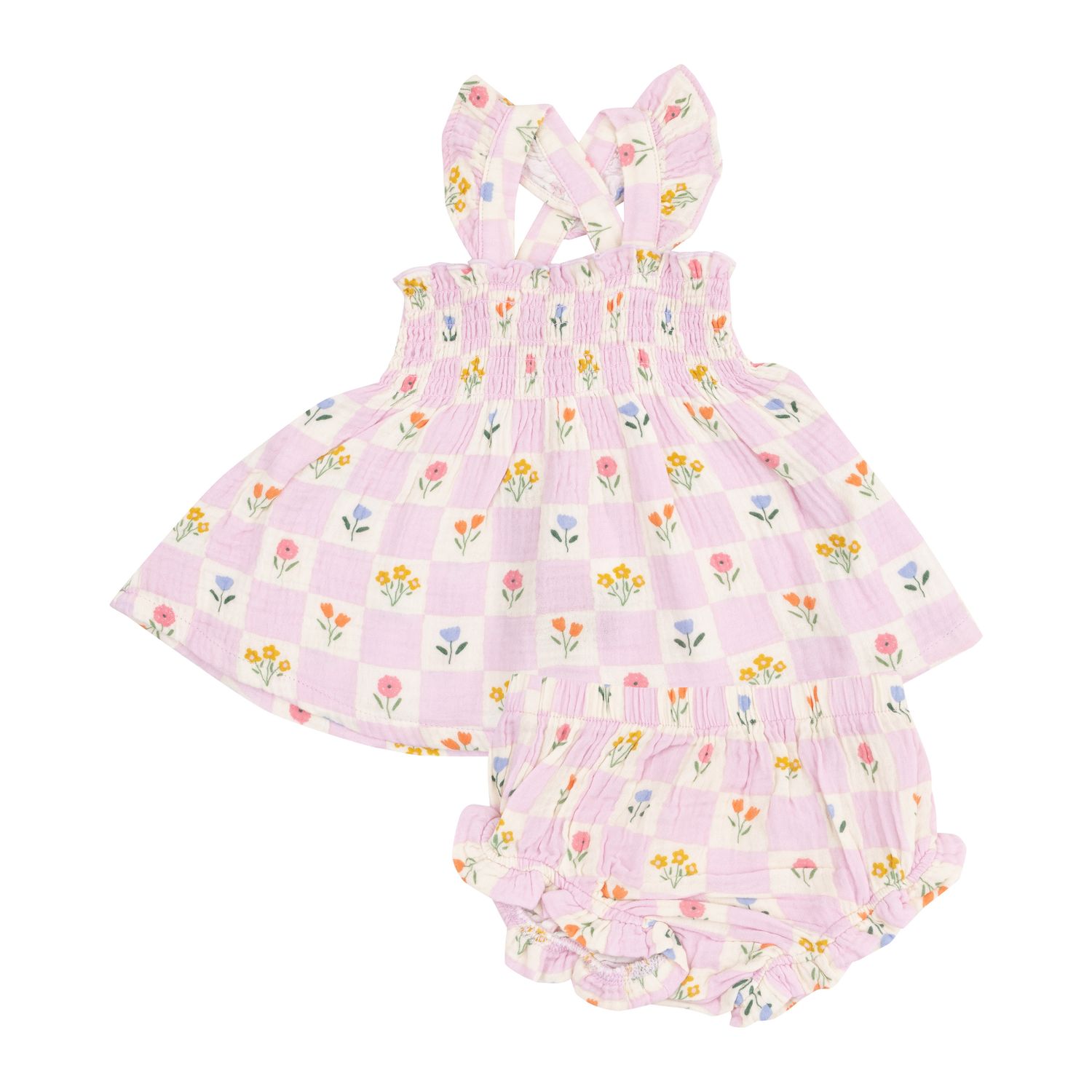 Floral Check Ruffle Strap Smocked Top And Diaper Cover