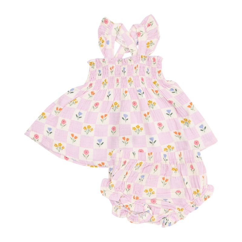 Floral Check Ruffle Strap Smocked Top And Diaper Cover