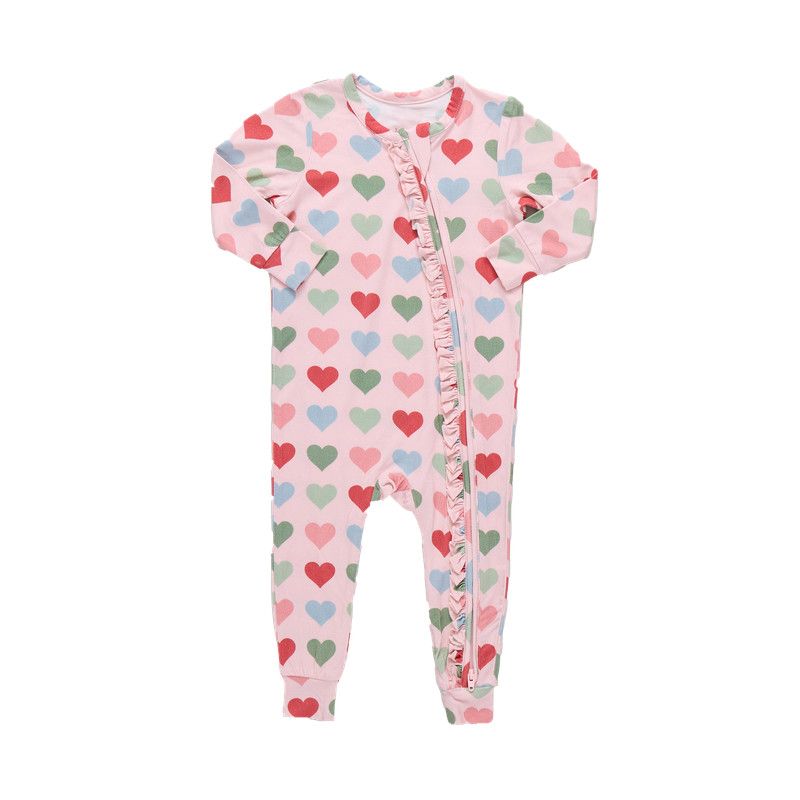 Ruffle Bamboo Romper Pink Small Hearts