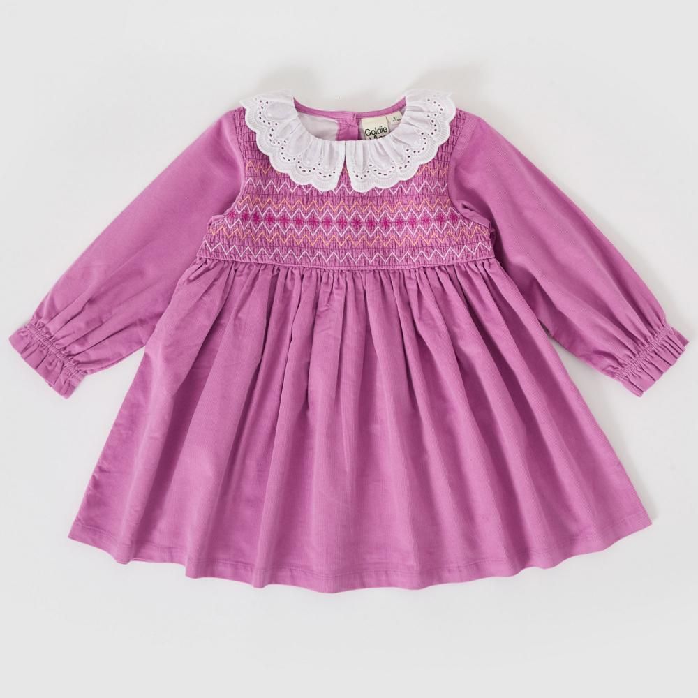 Daphne Long Sleeve Corduroy Smocked Dress Lolly Pink