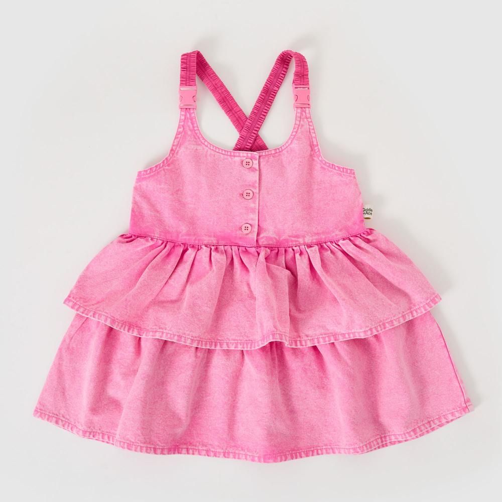 Saskia Denim Frill Pinafore Dress Pink Lemonade