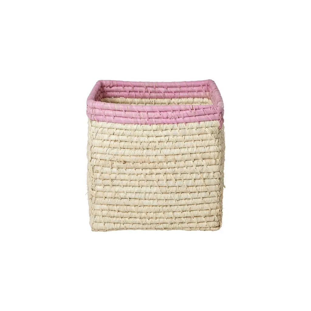 Small Square Raffia Storage Basket Pink Top