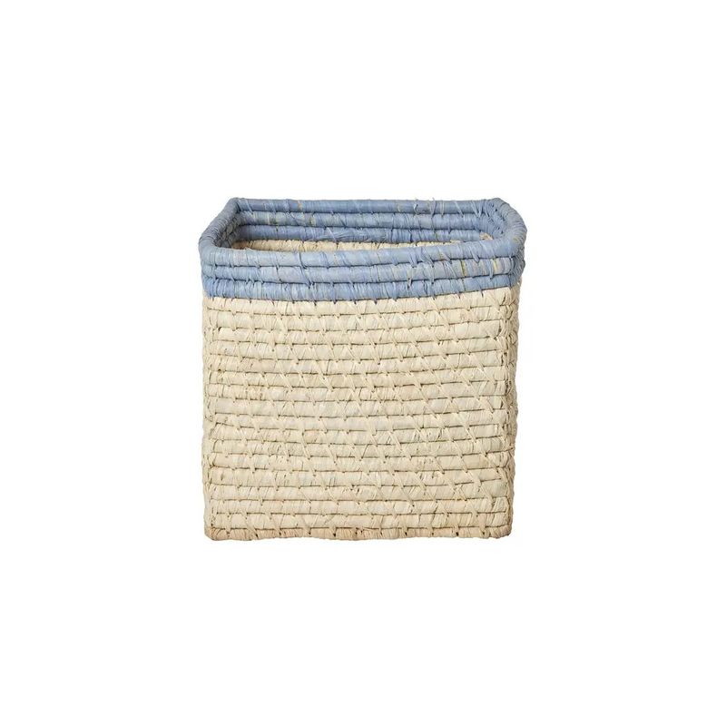 Small Square Raffia Storage Basket Blue Top