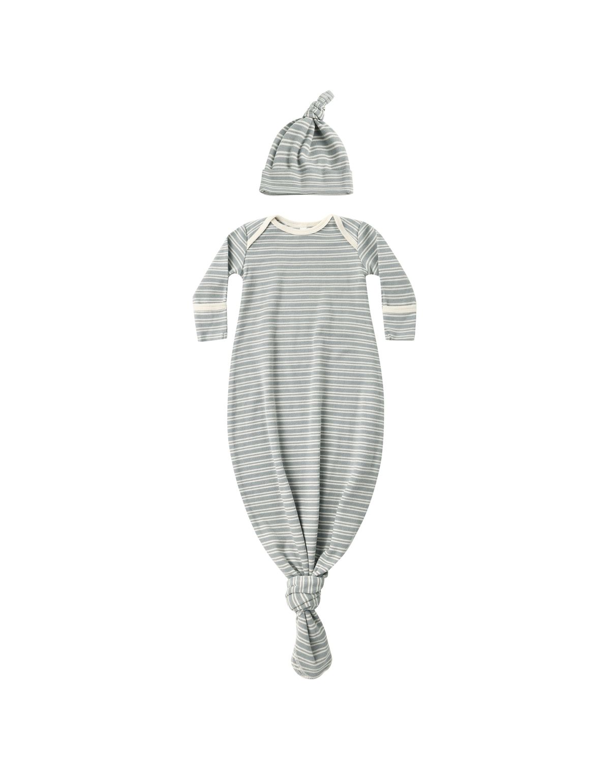 Knotted Baby Gown + Hat Set Steel Blue Micro Stripe One Size
