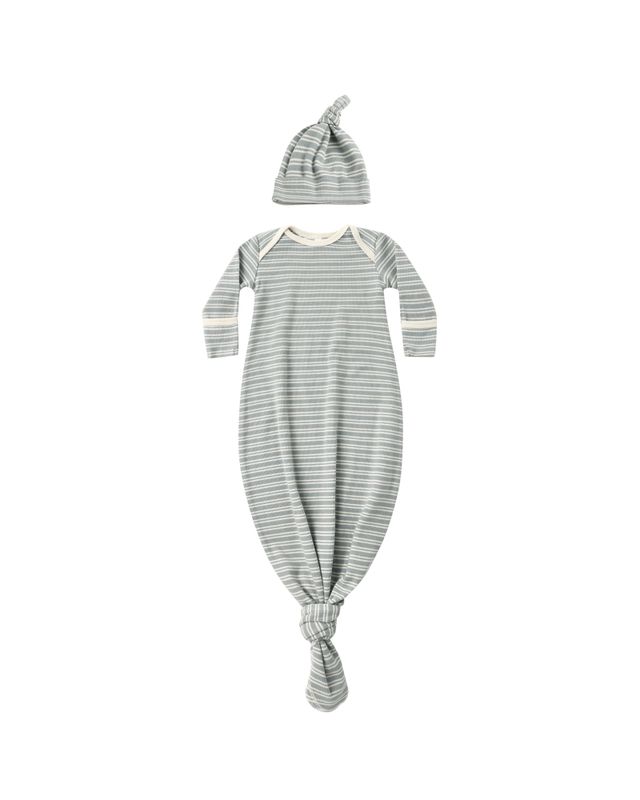 Knotted Baby Gown + Hat Set Steel Blue Micro Stripe One Size