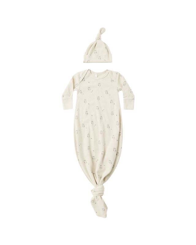 Knotted Baby Gown + Hat Set Owls One Size