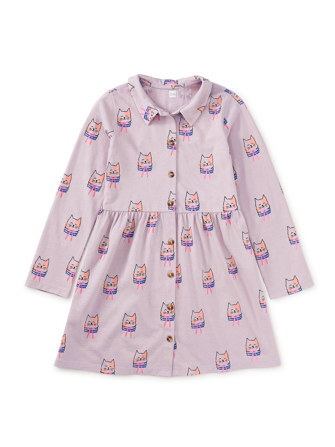 Collared Long Sleeve Shirtdress Bow Tie cats