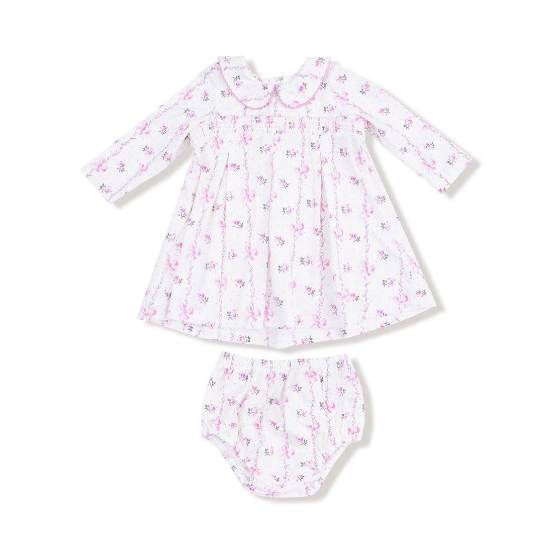 Dainty Buds + Bows Stripe Peter Pan Collar Dress W/ Smocking + Diaper Cover