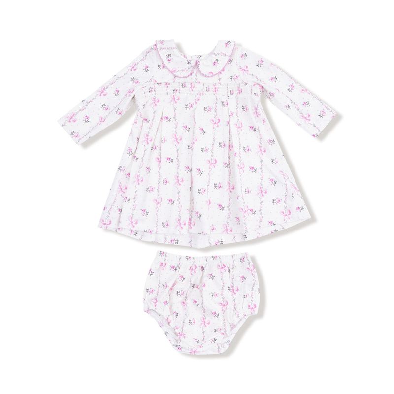 Dainty Buds + Bows Stripe Peter Pan Collar Dress W/ Smocking + Diaper Cover