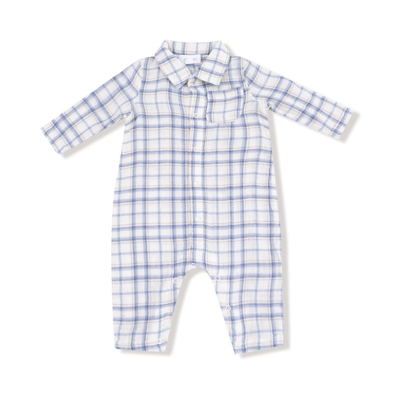 Blue Plaid Polo Romper w/ Full Placket