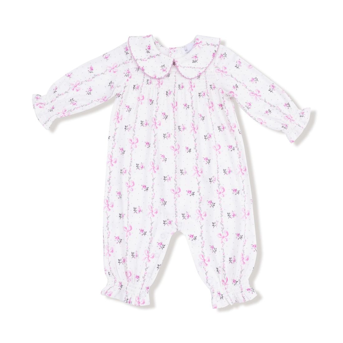 Dainty Buds And Bows Stripe Smocked Romper W/ Peter Pan Collar