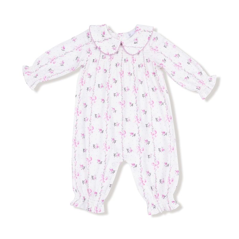 Dainty Buds And Bows Stripe Smocked Romper W/ Peter Pan Collar