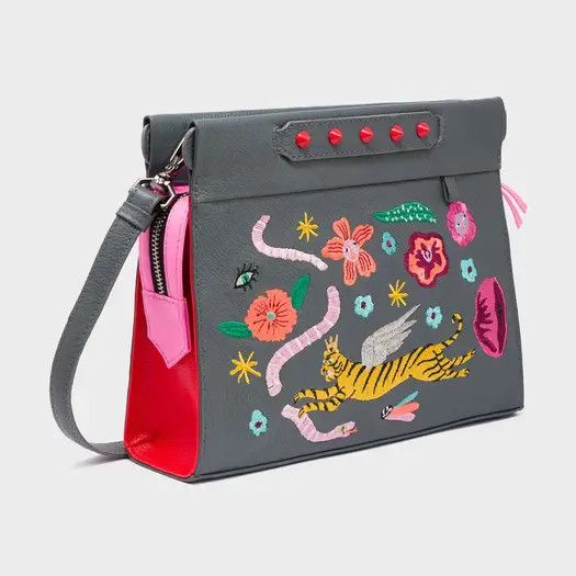 Vali Crossbody Small Stormy Grey Leather Bag - Tiger and Flowers Embroidery