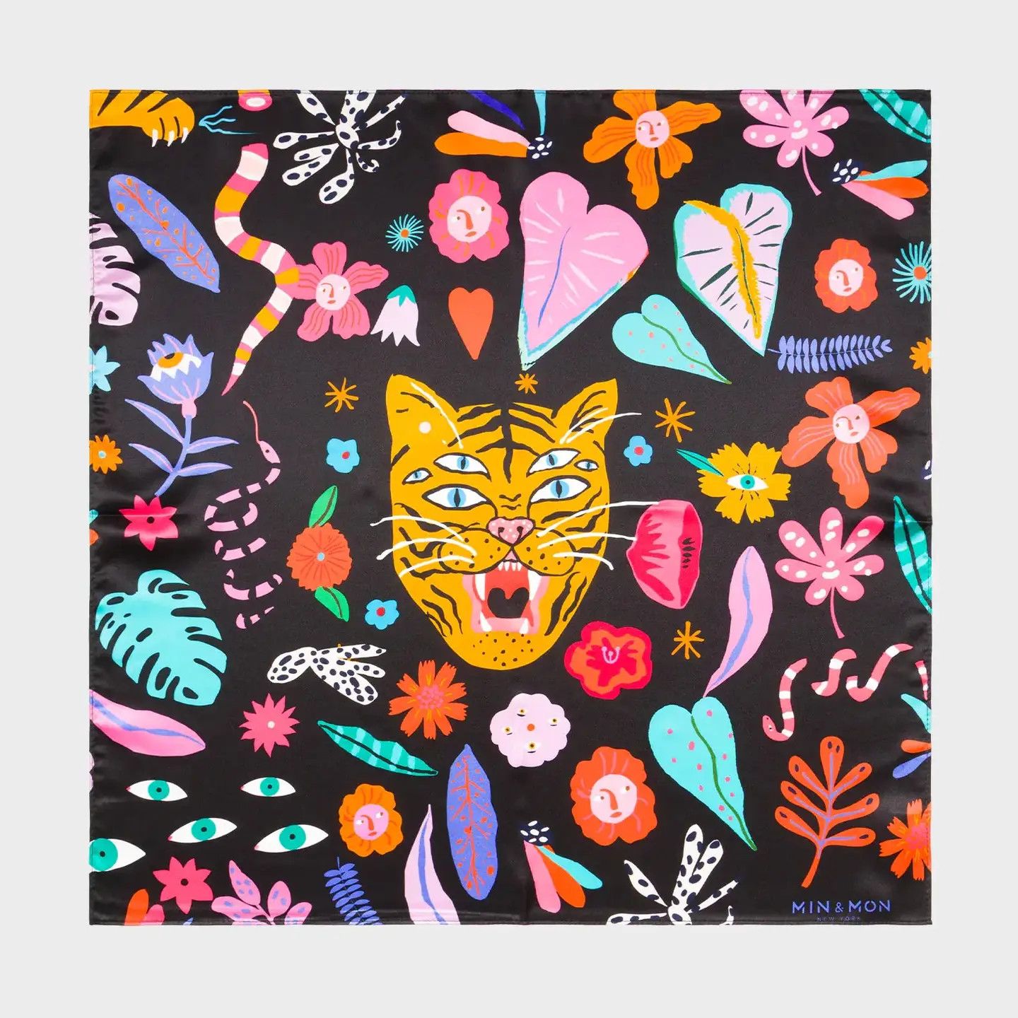 Black Silk Headscarf - Happy Tiger