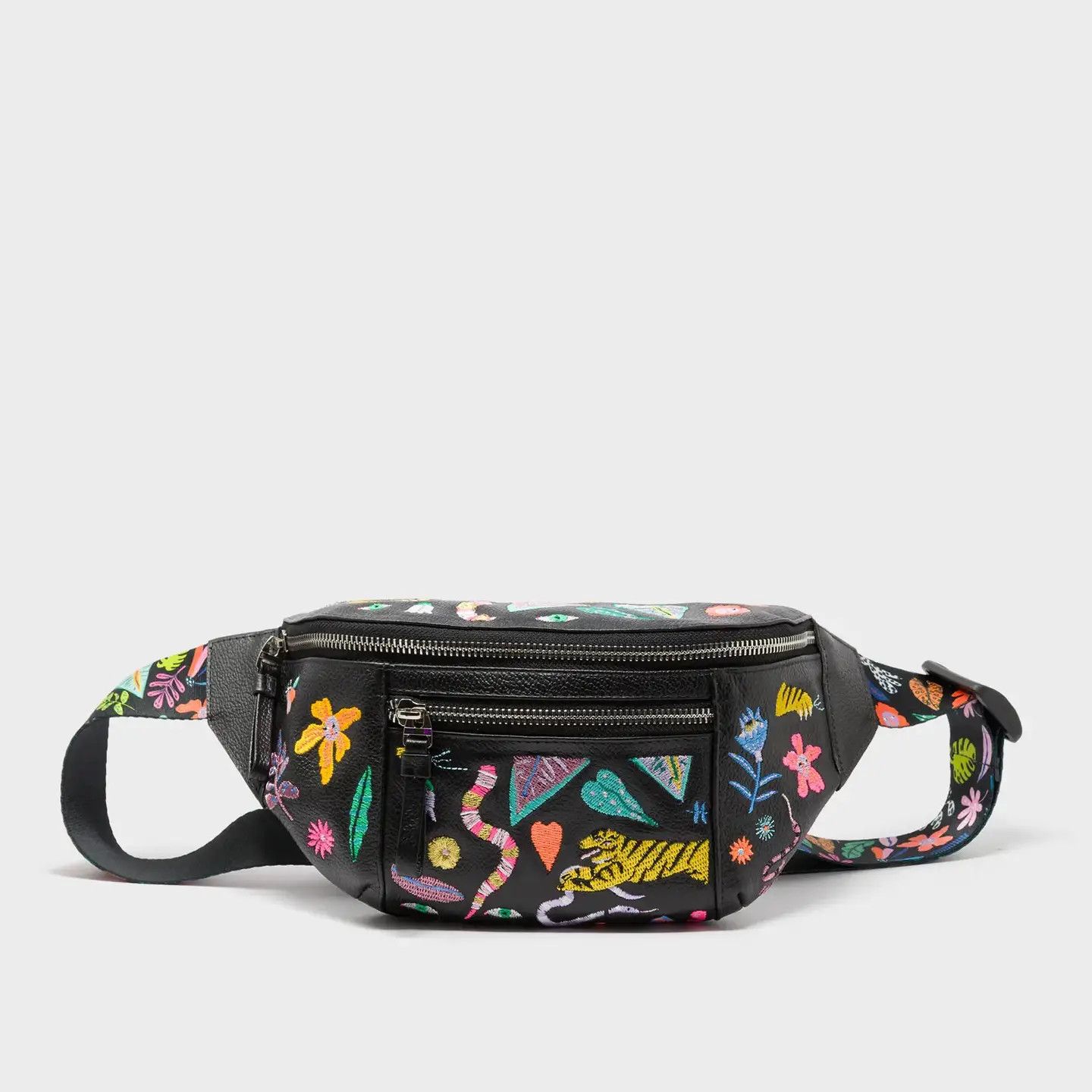 Harold Fanny Pack Black Leather - Autumn Blush Embroidery