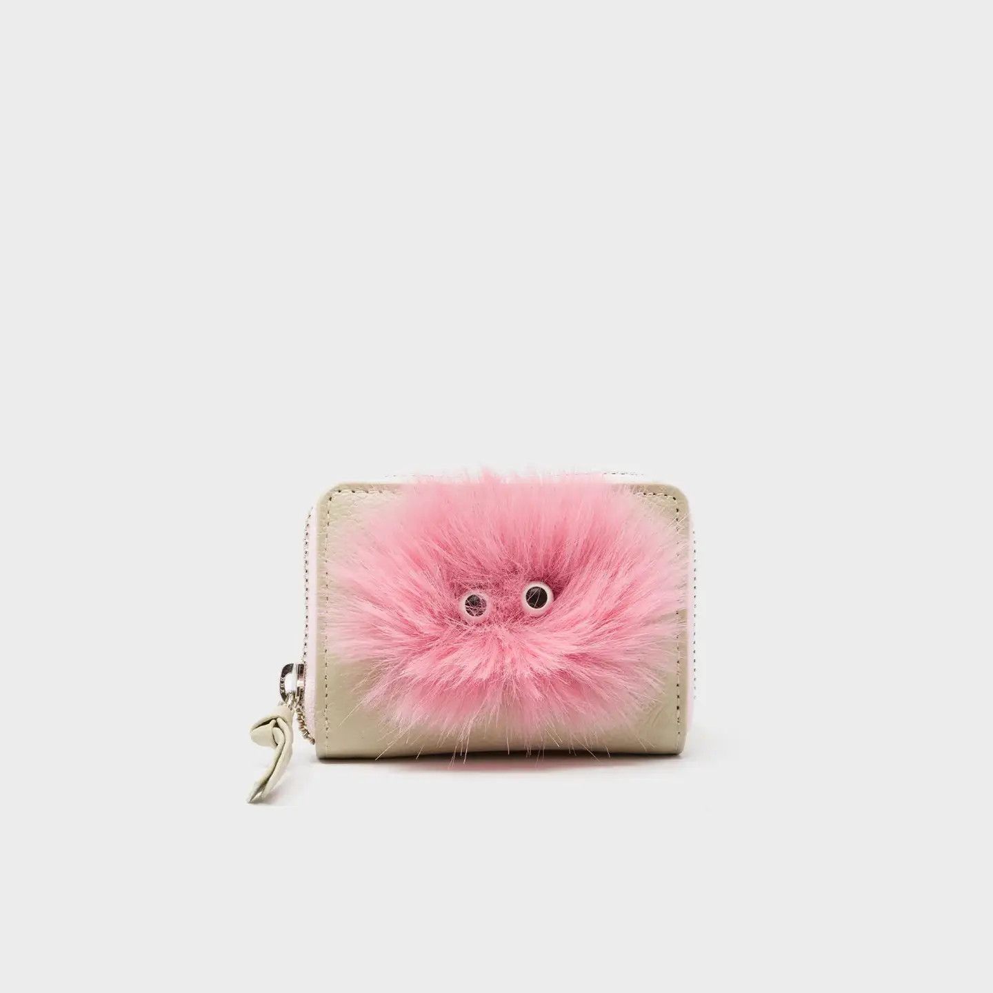 Frodo Gravel Beige Leather Zip Around Wallet - Fuzzy Monster Applique