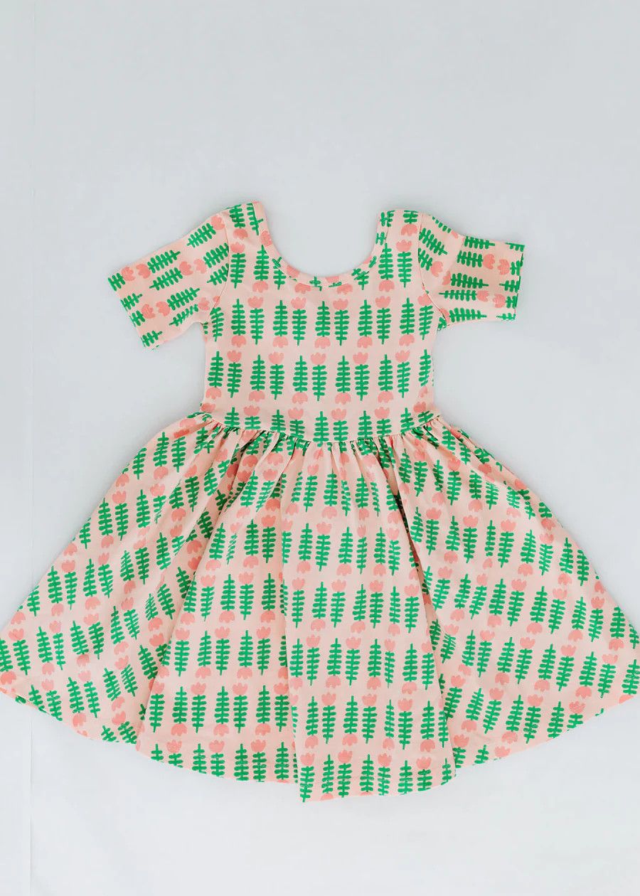 Short Sleeve Twirl Dress in Pink Tulips