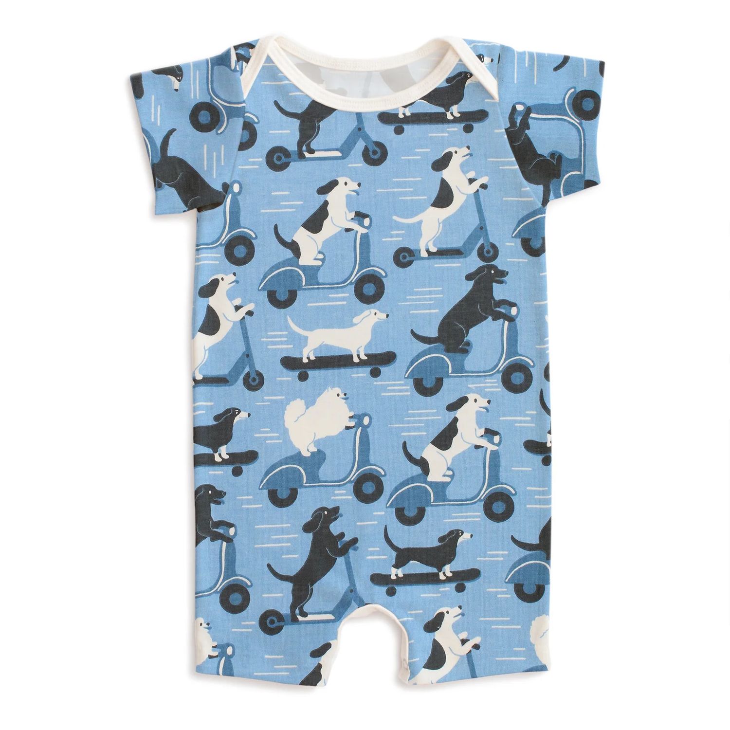 Summer Romper Dogs on Scooters Blue