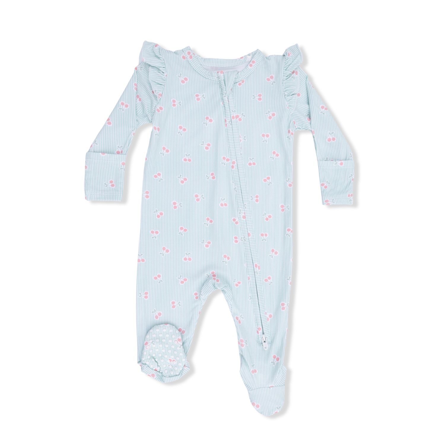2-Way Ruffle Sleeve Zipper Footie Tiny Cherry Stripe