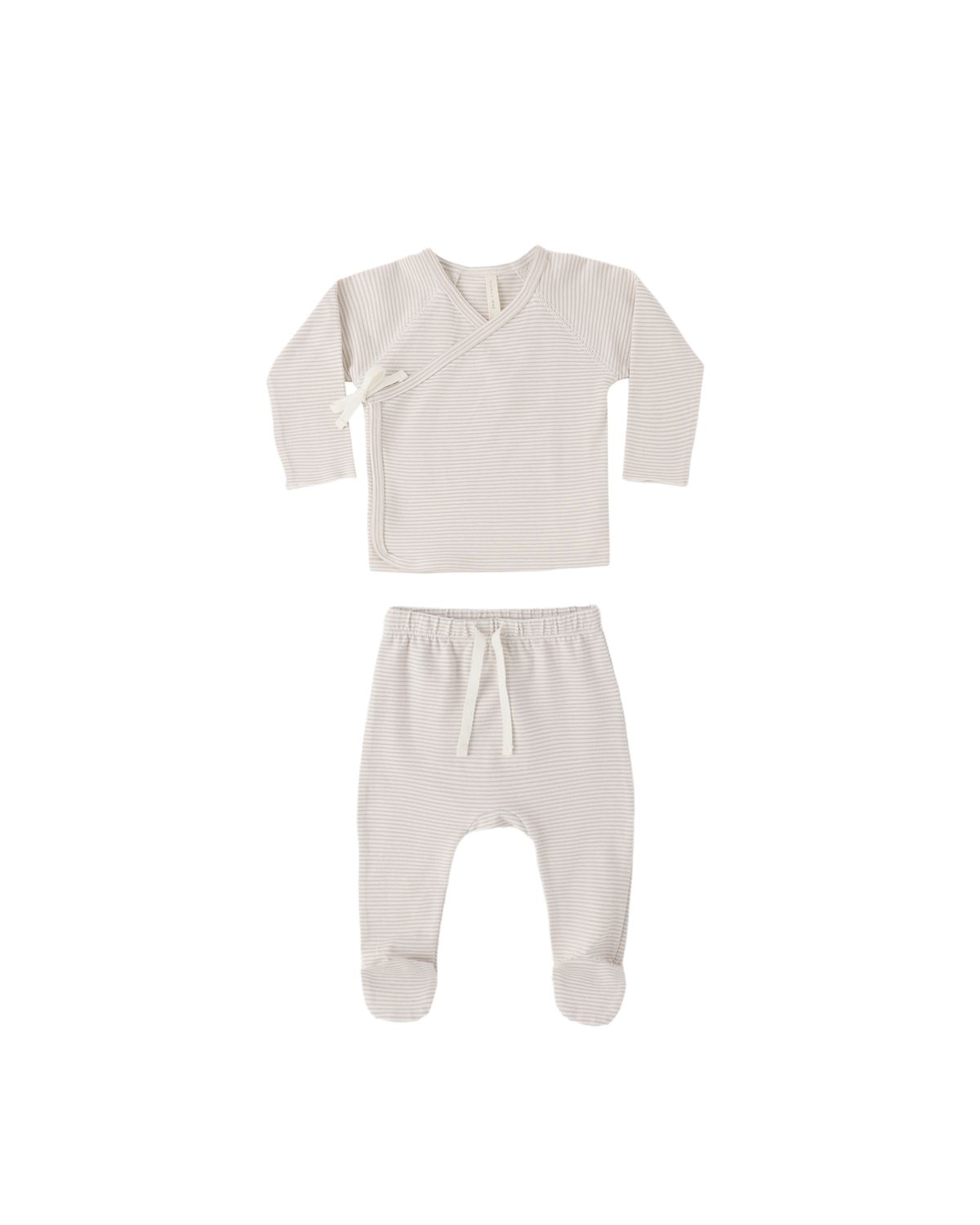 Wrap Top + Footed Pant Set Oat Micro Stripe 