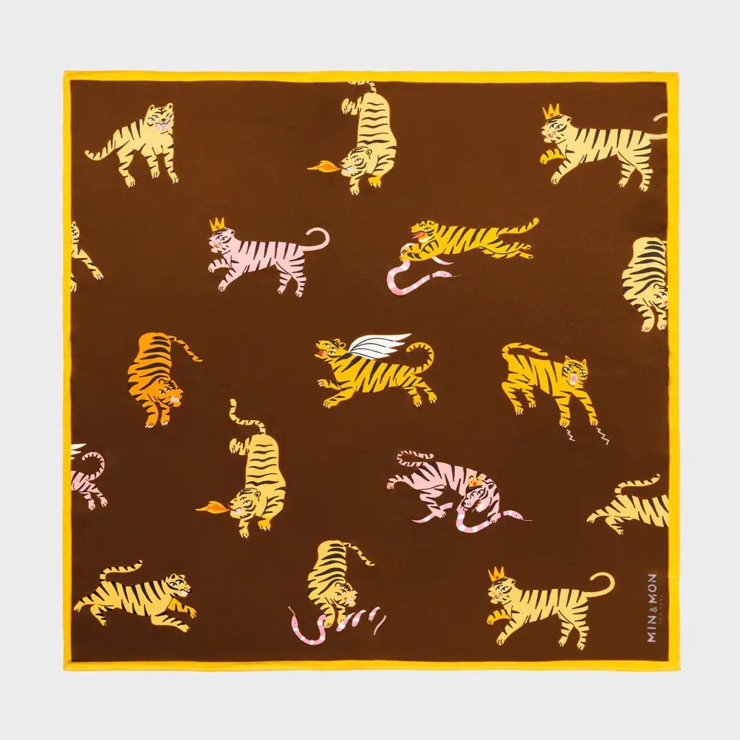 Brown Silk Headscarf - Retro Tiger