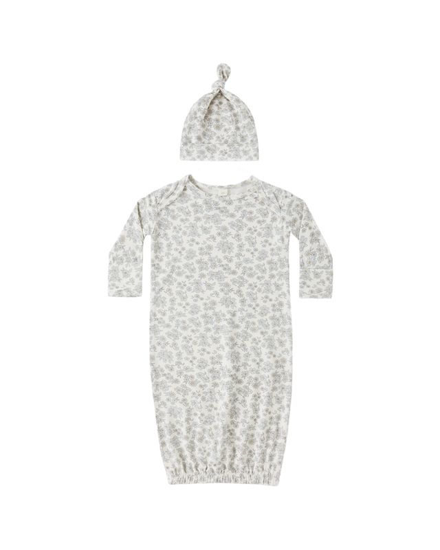 Bamboo Baby Gown + Hat Set Blue Floral