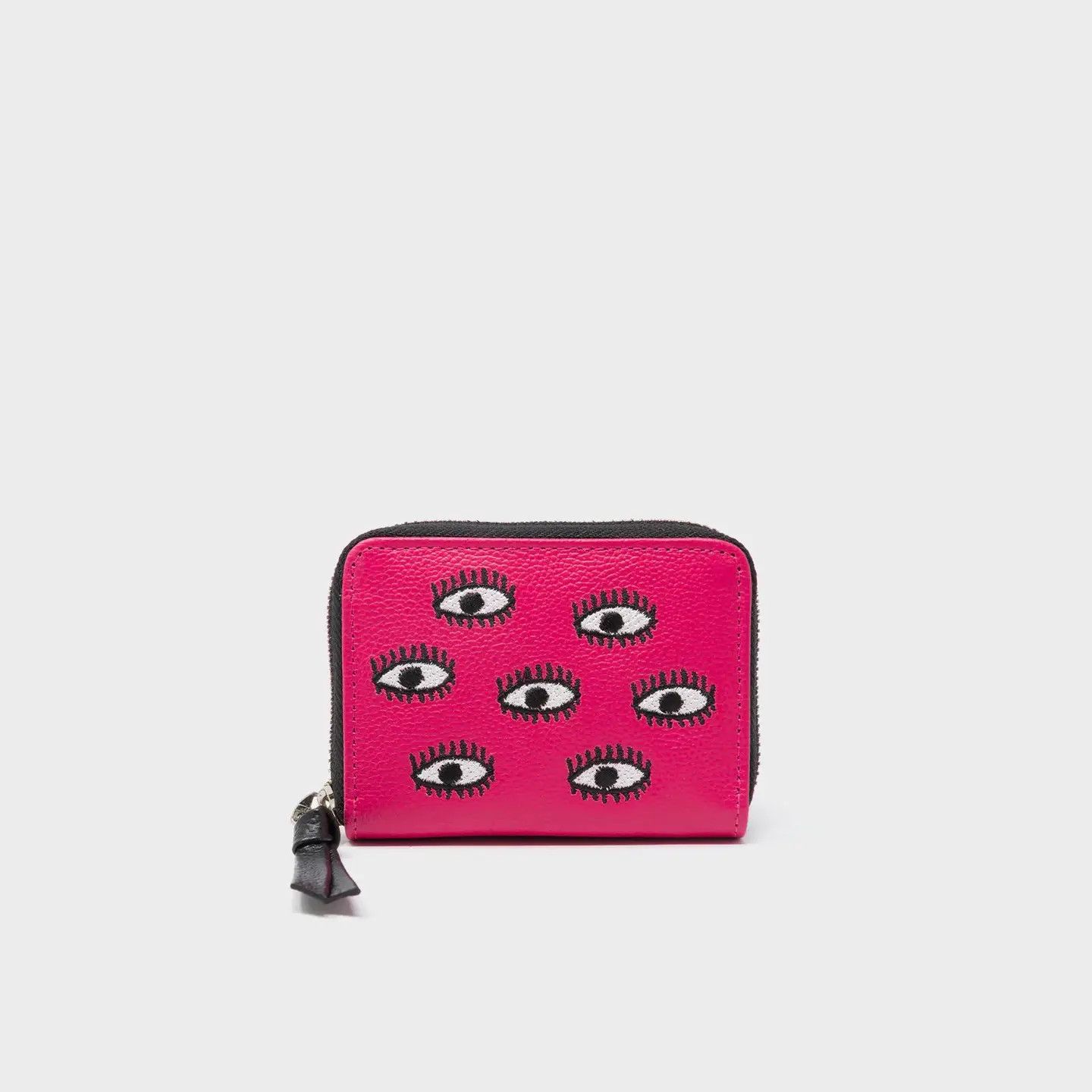 Frodo Peacock Pink Leather Zip Around Wallet - All Over Eyes Embroidery