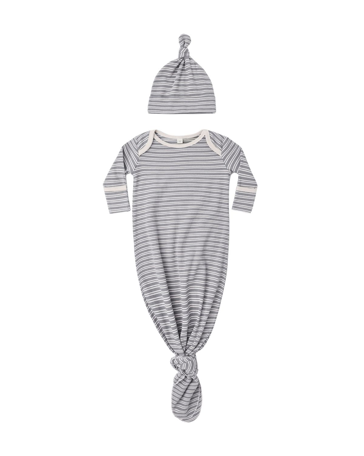 Knotted Baby Gown + Hat Set Slate Microstripe One Size