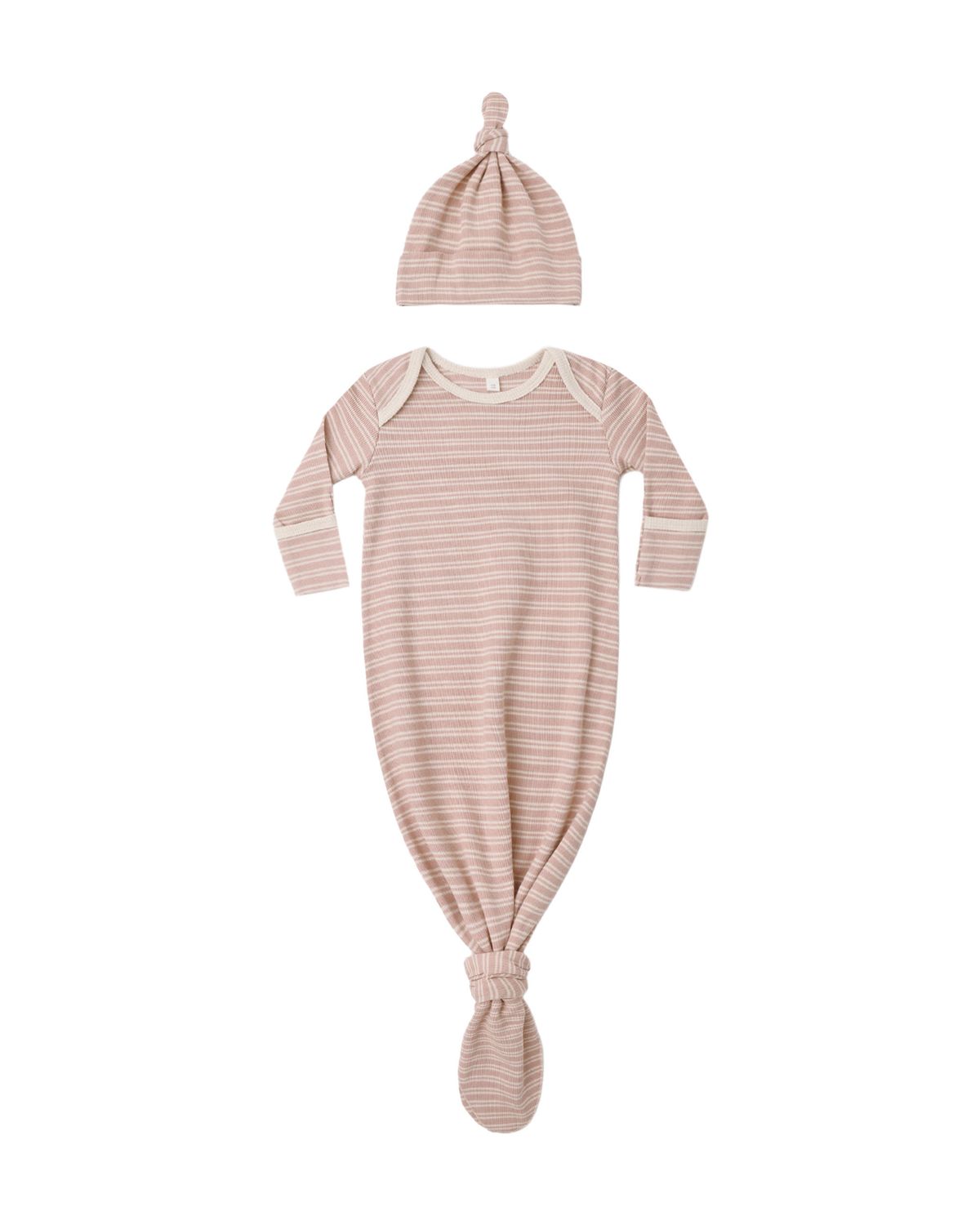 Knotted Baby Gown + Hat Set Dusty Rose Microstripe One Size