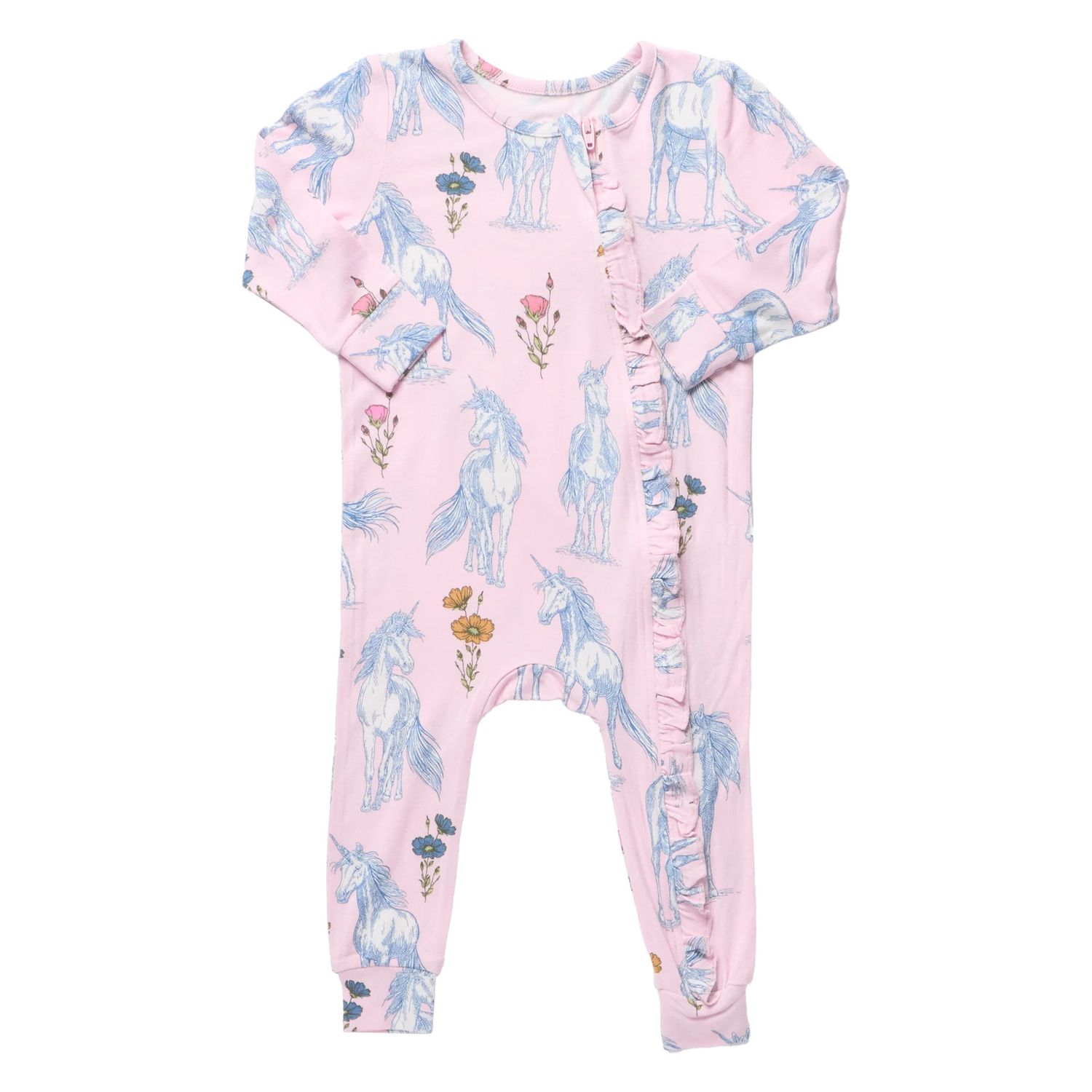 Ruffle Bamboo Romper Pink Unicorn Fields