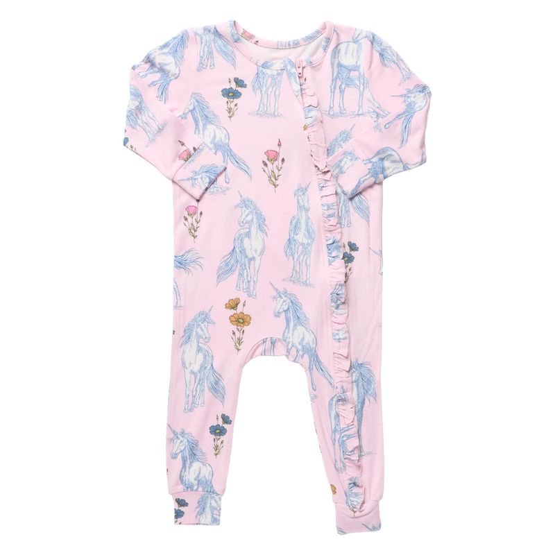 Ruffle Bamboo Romper Pink Unicorn Fields