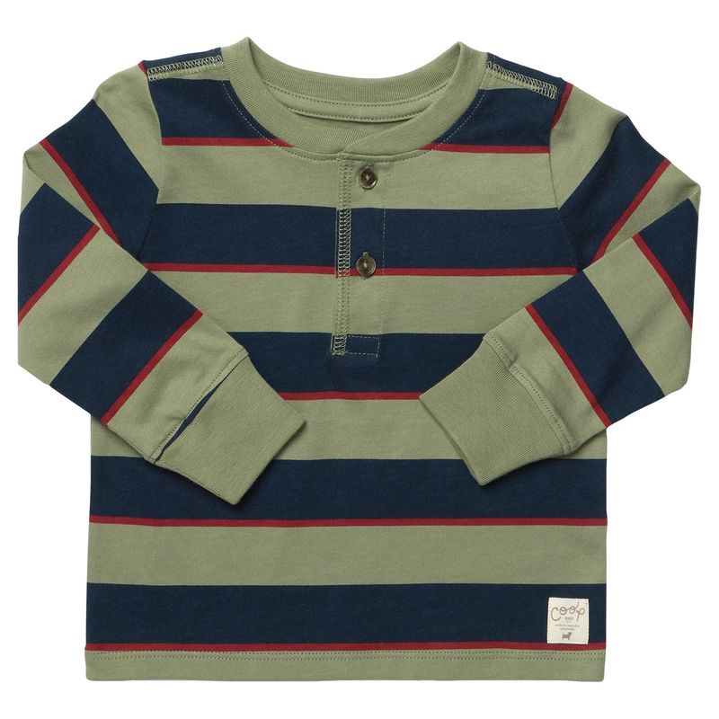 Scout Long Sleeve Henley T-Shirt  Olive Navy Rugby Stripe