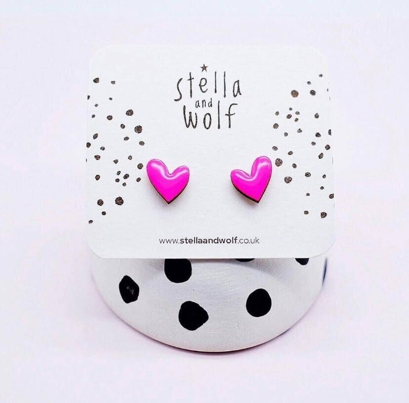 Neon Pink Wooden Heart Studs