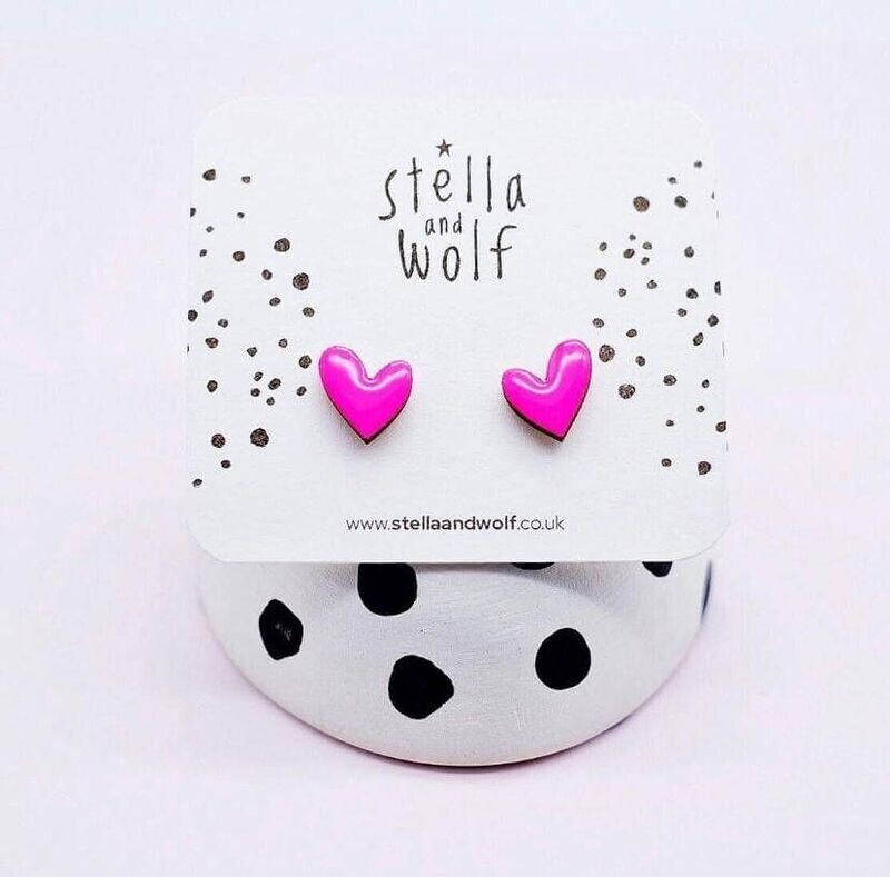 Neon Pink Wooden Heart Studs