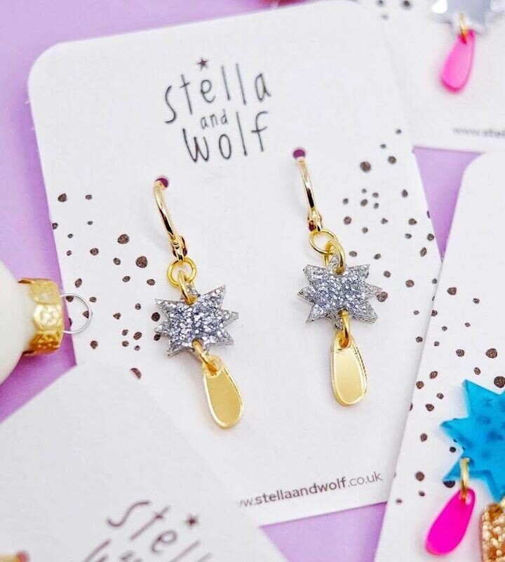 Silver Glitter Star Drop Earrings