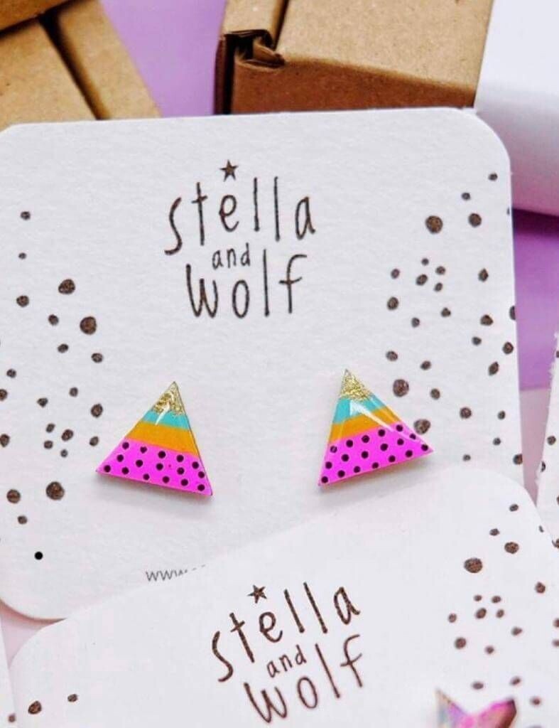 Shocking Pink and Mustard Triangle Earrings