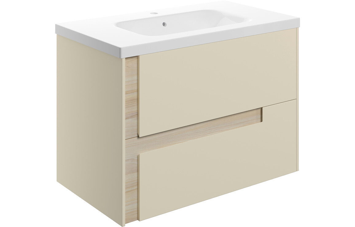 Isabella 815mm Wall Hung 2 Drawer Basin Unit & White Basin - Matt Cotton & Oak Effect
