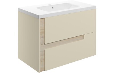 Isabella 815mm Wall Hung 2 Drawer Basin Unit & White Basin - Matt Cotton & Oak Effect